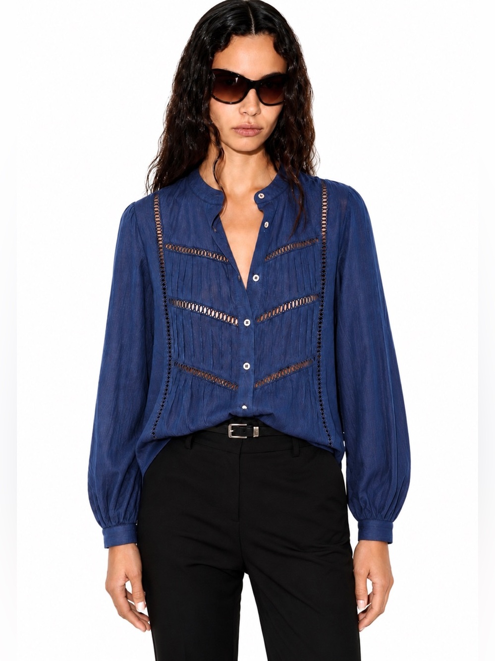 NEW WITH TAGS MAYE Paloma French Navy 100% Cotton Button-Up Pintuck Shirt | XS